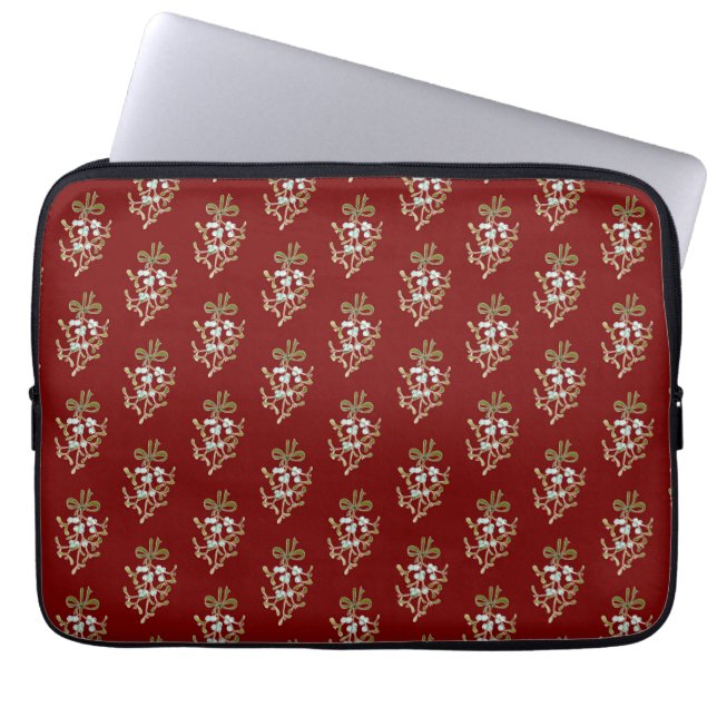 Elegant Christmas Mistletoe Pattern on Red   Laptop Sleeve (Front)
