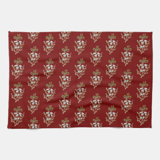 Elegant Christmas Mistletoe Pattern on Red Tea Towel