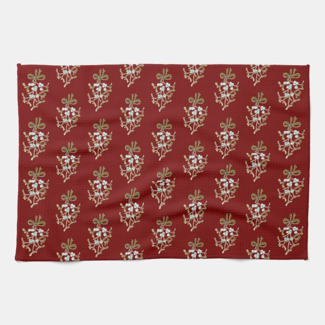 Elegant Christmas Mistletoe Pattern on Red   Tea Towel (Horizontal)