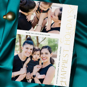 ELEGANT CHRISTMAS Modern  2 photo FRAME HAPPY GOLD Foil Holiday Card