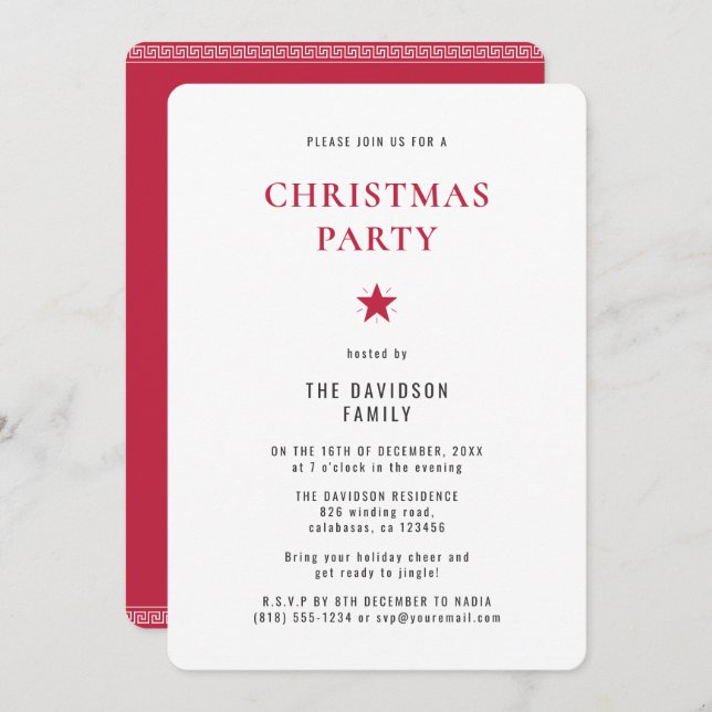 Elegant Christmas Modern Minimalist Chic Red Party Invitation (Front/Back)