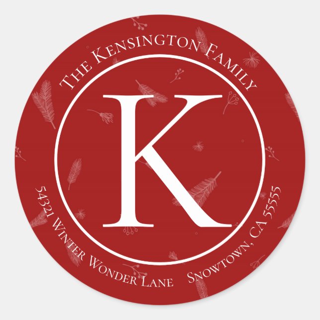 Elegant Christmas Monogram Pine Branches Address Classic Round Sticker (Front)