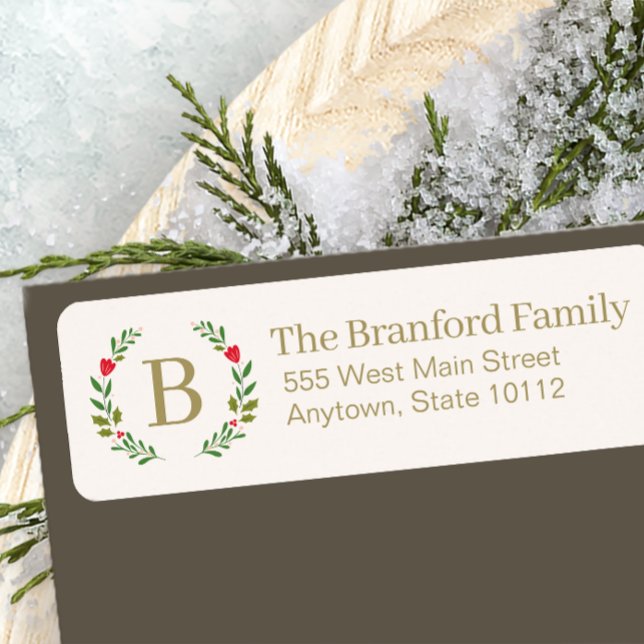 Elegant Christmas Monogram Wreath Merry  Return Address Label (Creator Uploaded)