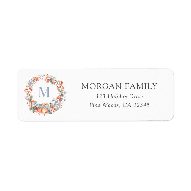 Elegant Christmas Monogram Wreath Return Address Label (Front)