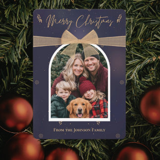 Elegant Christmas Navy Blue Gold Bow Photo Card