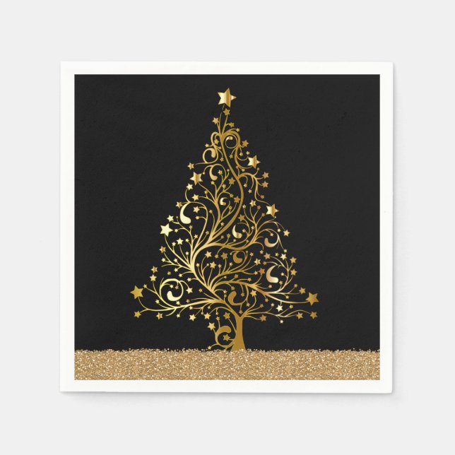 Elegant Christmas New Years Black Gold Glitter Napkin (Front)