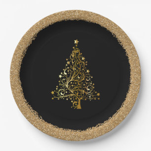 Elegant Christmas New Years Black Gold Glitter  Paper Plate