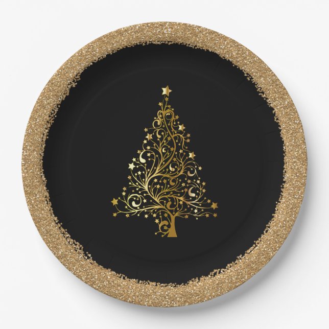 Elegant Christmas New Years Black Gold Glitter  Paper Plate (Front)