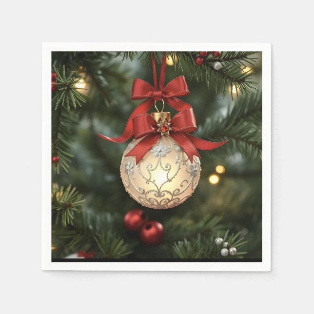 Elegant Christmas Ornament Collection with Red Bow Napkin (Front)
