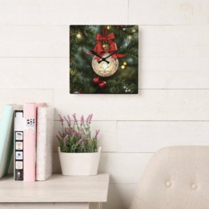 Elegant Christmas Ornament Collection with Red Bow Square Wall Clock