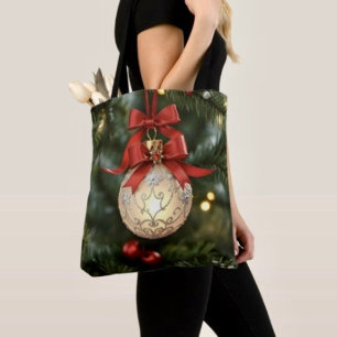 Elegant Christmas Ornament Collection with Red Bow Tote Bag