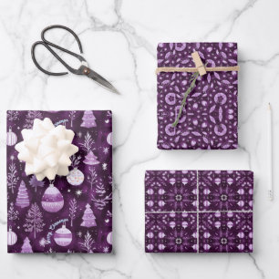 Elegant Christmas Ornament & Mandala Pattern plum Wrapping Paper Sheet