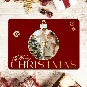 Elegant Christmas Ornament Photo Red and Gold Foil Holiday Card