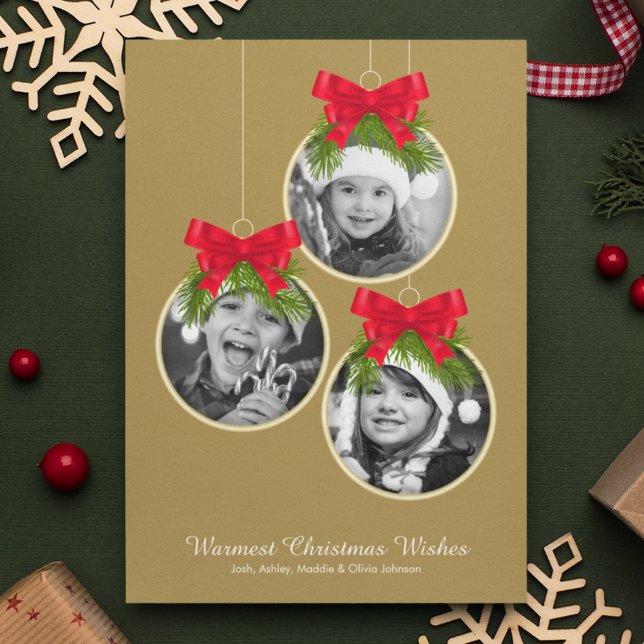Elegant Christmas Ornament Three Photo Holiday Card (Creator Uploaded)