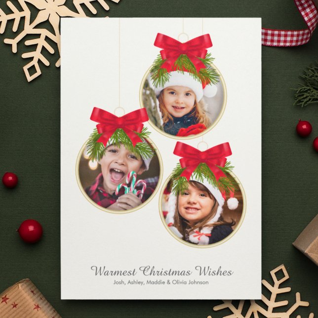 Elegant Christmas Ornament Three Photo Holiday Card (Creator Uploaded)