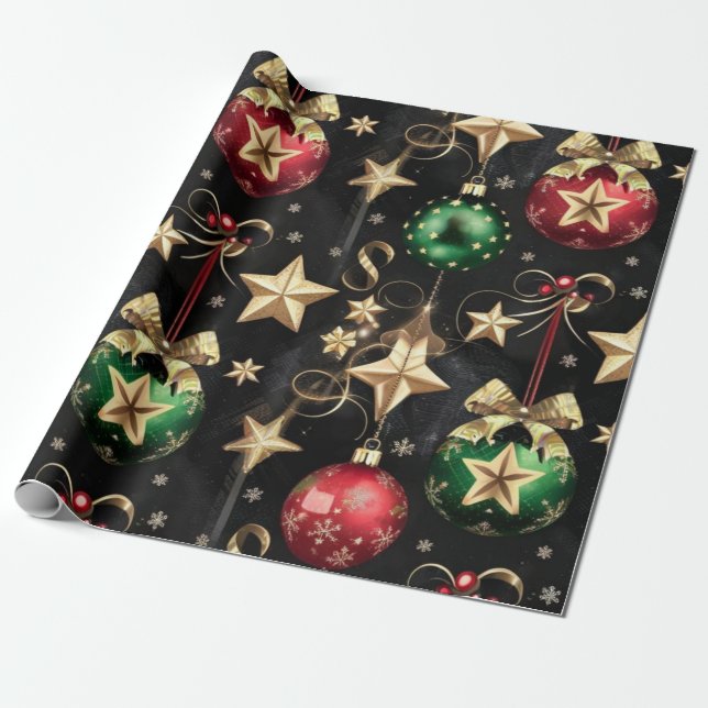 Elegant Christmas Ornaments and Golden Stars Wrapping Paper (Unrolled)