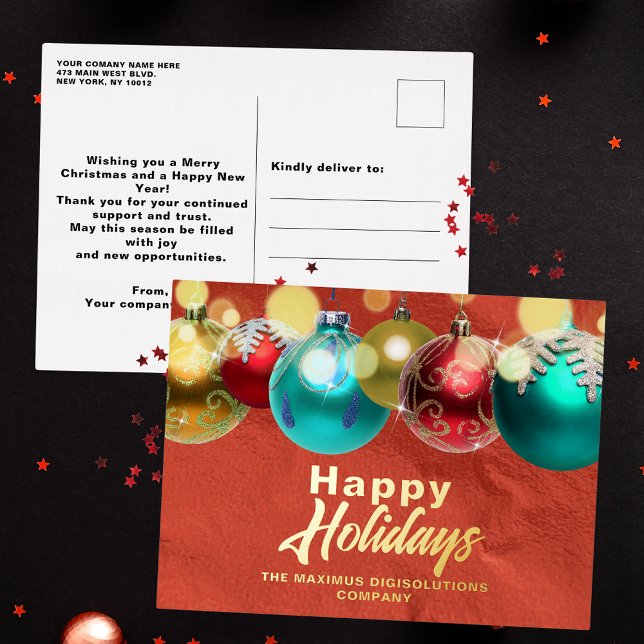 Elegant Christmas Ornaments and Lights Business Foil Holiday Postcard (Creator Uploaded)