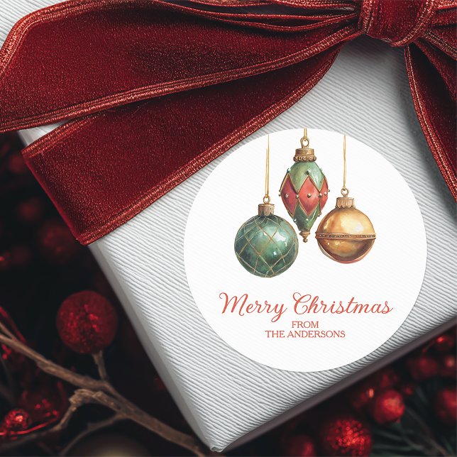Elegant Christmas Ornaments Classic Round Sticker (Personalized Elegant Christmas Sticker)