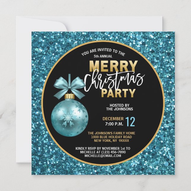 Elegant Christmas PARTY Black Gold Blue Glitter Invitation (Front)
