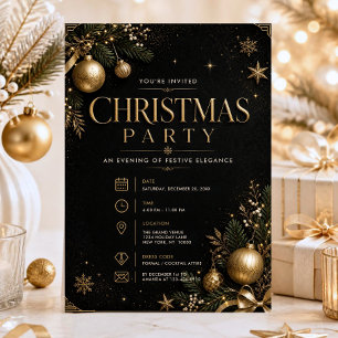 Elegant CHRISTMAS PARTY Black Gold Glitter Stars Invitation