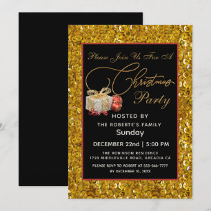 Elegant Christmas PARTY Black Gold red Glitter  Invitation