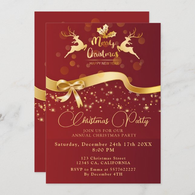 Elegant Christmas PARTY Black Gold Red Glitter  Invitation (Front/Back)