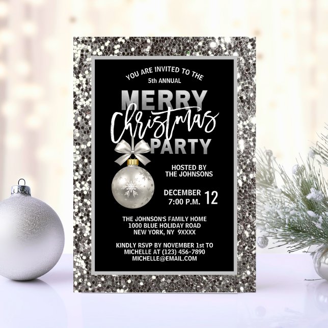 Elegant Christmas PARTY Black Silver Glitter Invitation (Elegant Christmas PARTY Black Silver Glitter Invitation)