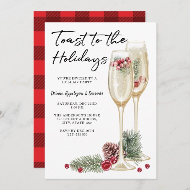 Elegant Christmas Party Champagne Glass Invitation (Front/Back)