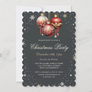 Elegant Christmas Party Gold Red Ornaments Invitation