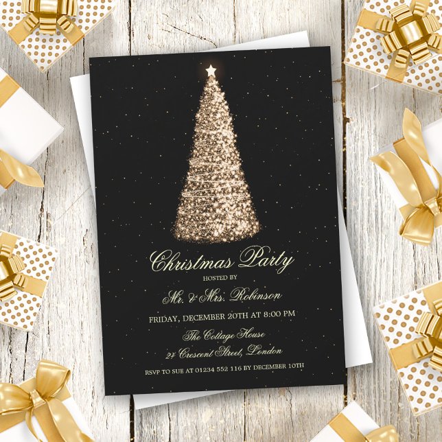 Elegant Christmas Party Gold Tree Sparkle Invitation (Creator Uploaded)