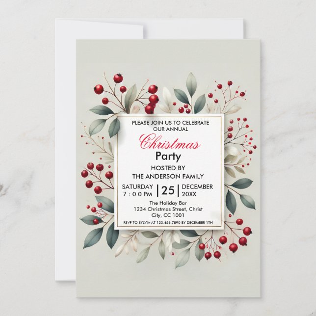 Elegant Christmas Party Holly Berry And Foliage Invitation (Front)