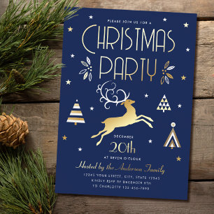 Elegant Christmas Party Midnight Blue Gold Foil Holiday Card