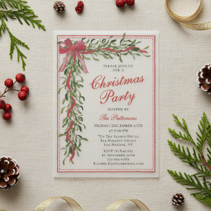 Elegant Christmas Party Mistletoe Red Bow Vellum Invitations