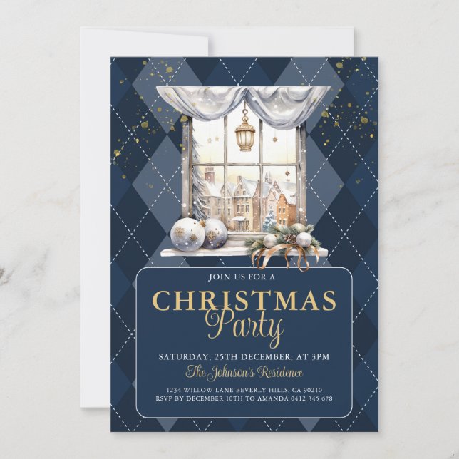 Elegant Christmas Party Navy Plaid Gold Glitter Invitation (Front)