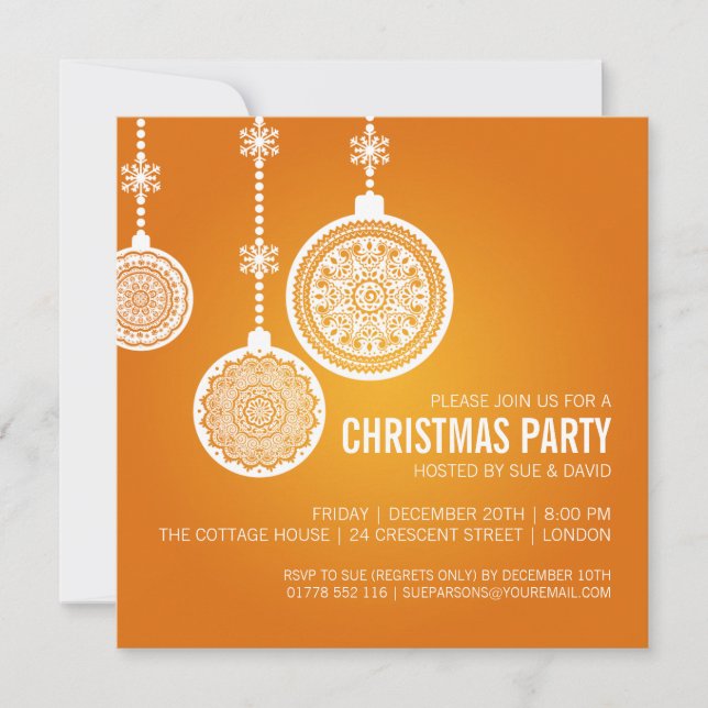 Elegant Christmas Party Ornaments Orange Invitation (Front)