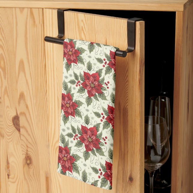 Elegant Christmas Party Poinsettia Kitchen Towel (Thirds Fold)