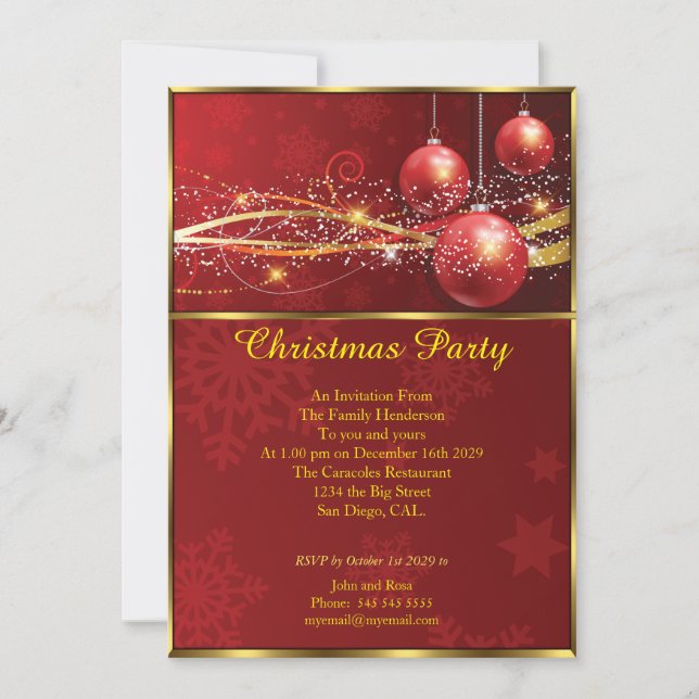 Elegant Christmas party  Red baubles gold Invitation (Front)