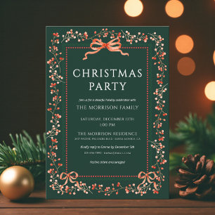 Elegant Christmas Party Red Bow Holiday Invitation