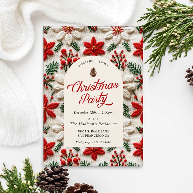 Elegant Christmas Party Red Floral Invitation (Elegant Christmas Party Invitation )