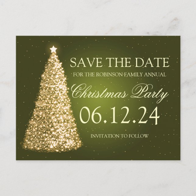 Elegant Christmas Party Save The Date Gold Green Announcement Postcard (Front)
