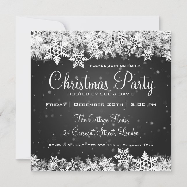 Elegant Christmas Party Snowflakes 2 Black Invitation (Front)