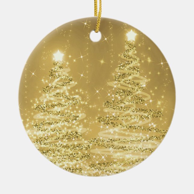 Elegant Christmas Party Sparkling Trees Gold Ceramic Ornament (Front)