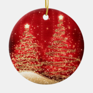 Elegant Christmas Party Sparkling Trees Red Ceramic Ornament