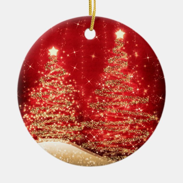 Elegant Christmas Party Sparkling Trees Red Ceramic Ornament (Front)