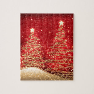Elegant Christmas Party Sparkling Trees Red Jigsaw Puzzle