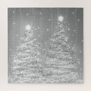 Elegant Christmas Party Sparkling Trees Silver Jigsaw Puzzle