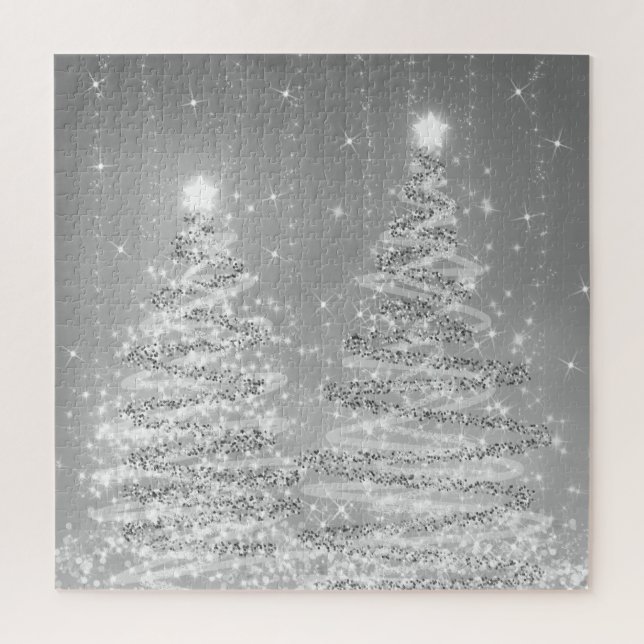 Elegant Christmas Party Sparkling Trees Silver  Jigsaw Puzzle (Vertical)