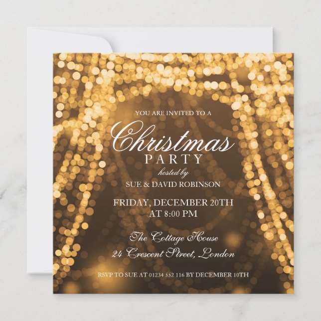 Elegant Christmas Party String Lights Gold Invitation (Front)