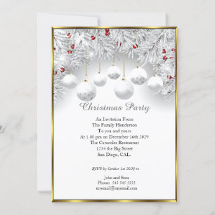 Elegant Christmas party White Snow baubles  Invitation