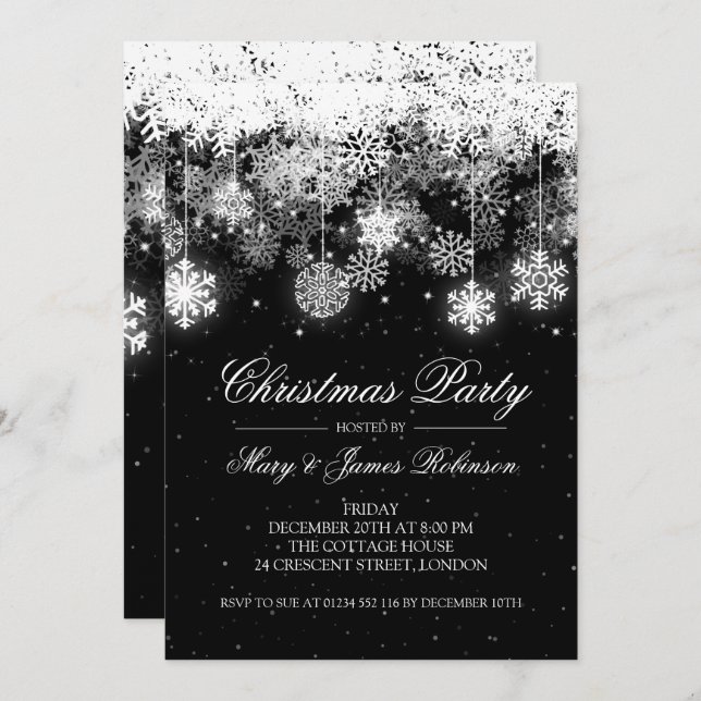 Elegant Christmas Party Winter Ornaments Black Invitation (Front/Back)
